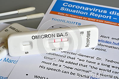 SARSâ€‘CoVâ€‘2 antigen test kit for self testing with positive result and text OMICRON BA.5 on paper documents Stock Photo
